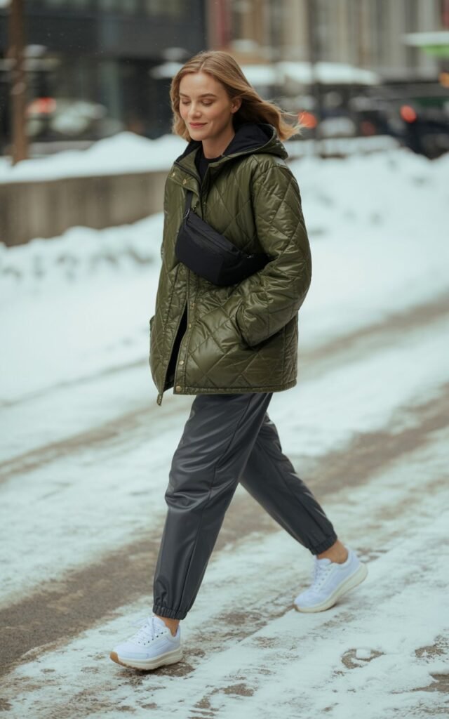 Full-body image of a white-skinned model in an olive quilted parka, grey water-resistant joggers, and white insulated sneakers. She’s walking along a snowy city sidewalk, carrying a small crossbody bag. Overcast winter light enhances textures. Natural candid pose mid-step, slight smile, hair moving gently.