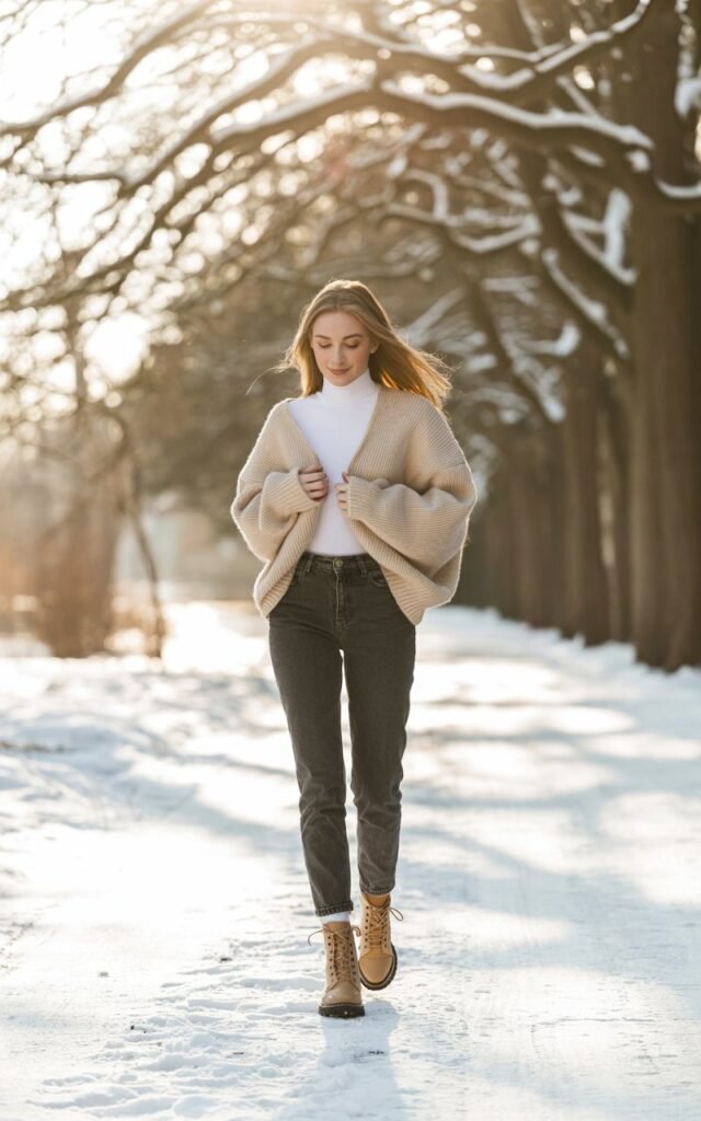 Full-body image of a white-skinned model in an oversized cream chunky knit sweater layered over a white thermal turtleneck, high-waisted skinny jeans, and tan lace-up boots. She’s walking along a tree-lined snowy path with golden hour light filtering through branches. She gently holds her sweater hem while smiling. Editorial candid style with soft shadows.