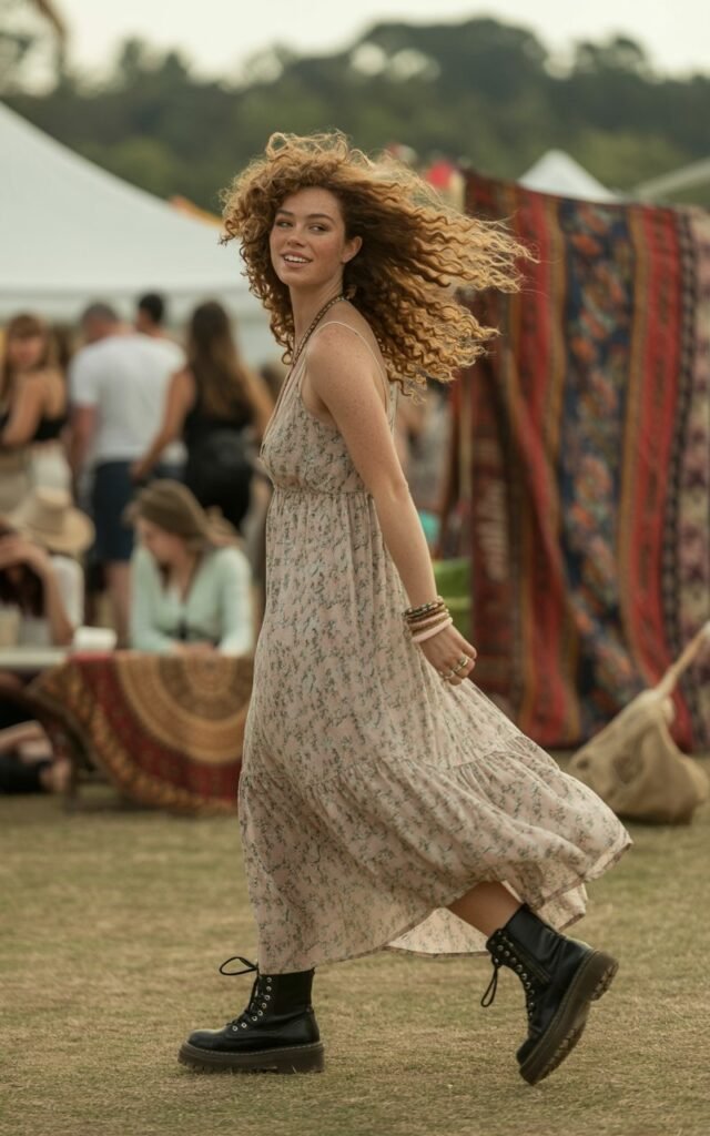 Full-body image of a white-skinned model with curly hair, wearing a floral flowy maxi dress with black combat boots and layered bracelets. Setting boho-inspired outdoor festival scene with soft afternoon sunlight. Pose mid-step, hair blowing, looking over shoulder with relaxed smile. Realistic skin, subtle freckles, editorial softness in lighting.