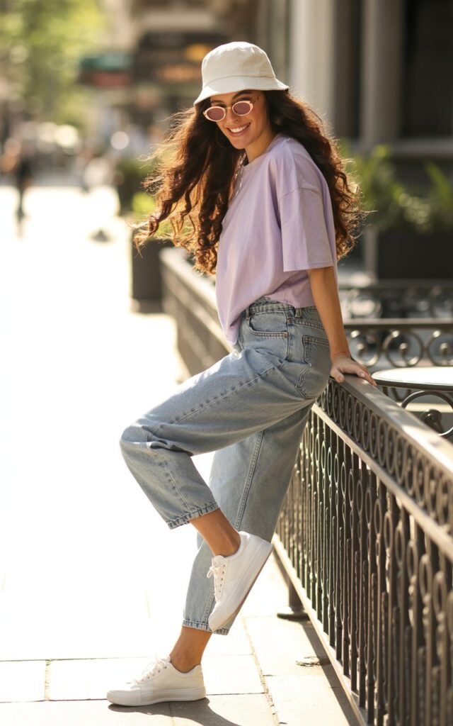 Full-body image of a white-skinned model with long wavy brown hair, wearing a pastel oversized tee, mom jeans, white sneakers, bucket hat, and tiny oval sunglasses. Setting is an urban street café in soft morning light. Model leans casually on a railing, relaxed smile, hair flowing naturally. Accessories pop color against neutral outfit, skin texture visible.