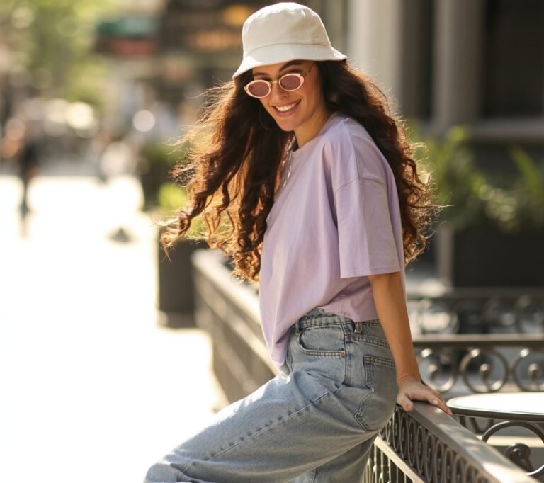 Full-body image of a white-skinned model with long wavy brown hair, wearing a pastel oversized tee, mom jeans, white sneakers, bucket hat, and tiny oval sunglasses. Setting is an urban street café in soft morning light. Model leans casually on a railing, relaxed smile, hair flowing naturally. Accessories pop color against neutral outfit, skin texture visible.