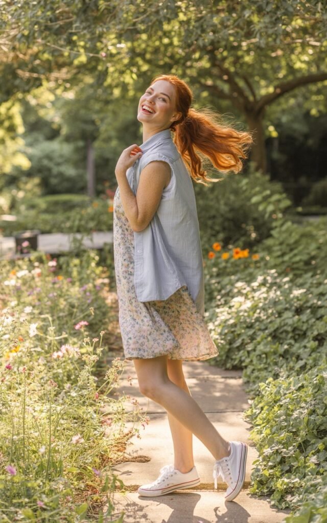 Full-body image of a white-skinned model with loose ponytail standing near a sunlit garden path. She wears a light blue denim shirt under a sleeveless floral dress, paired with white sneakers. Natural daylight, cheerful mood. She’s playfully adjusting her collar, looking over her shoulder with a smile.