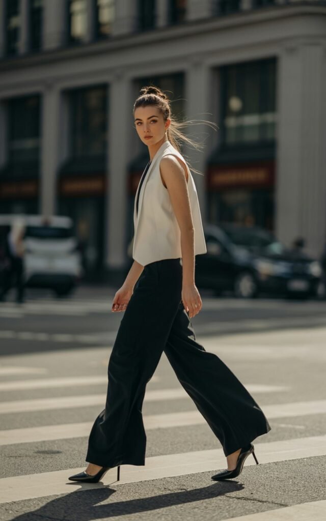 Full-body image of a white-skinned model with sharp cheekbones and a high bun, wearing a structured white vest, black wide-leg crepe trousers, and pointed black heels. Shot on a city crosswalk during midday natural light. She strides forward confidently, coat of light wind adding movement. Editorial realism with subtle makeup.