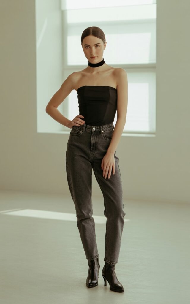 Full-body image of a white-skinned model with sharp features and dark brown hair in a sleek ponytail, wearing a black tube top, high-waist jeans, black ankle boots, and a velvet choker. Setting is a soft-lit indoor studio with natural light coming from a window. Model stands confidently, one hand on hip, slight smile, elegant posture. Accessories minimal, natural skin texture visible.