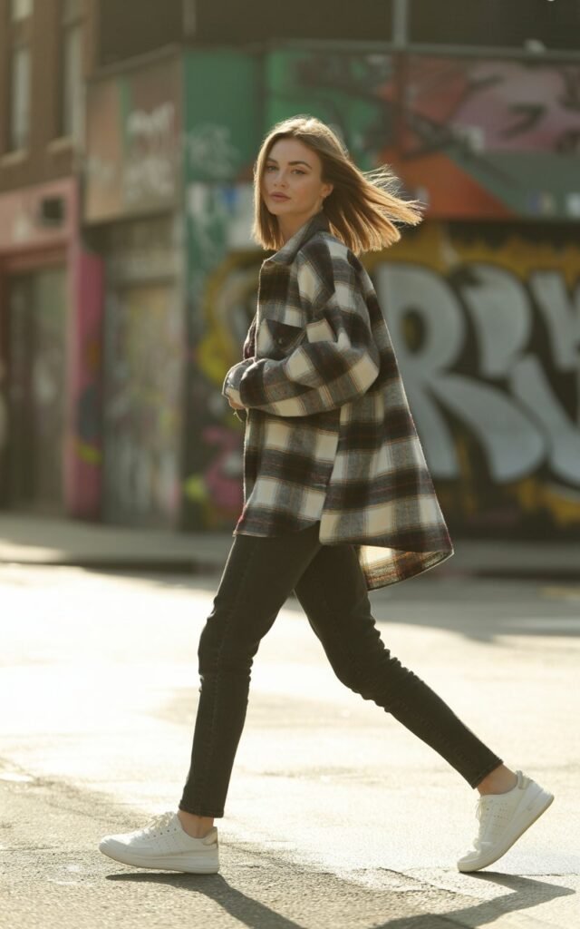 Full-body image of a white-skinned model with symmetrical face, shoulder-length hair, wearing an oversized plaid overshirt, skinny jeans, and white sneakers. Location urban street with graffiti walls, soft morning light. Pose mid-walk, slight grin, hands in pockets. Editorial realism skin texture, subtle natural highlights, realistic hair flow.