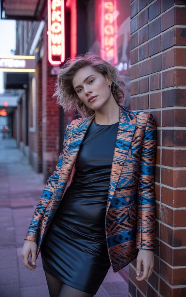Full-body image of a white-skinned model with tousled hair, wearing a bold patterned statement jacket over a simple black bodycon dress. Urban street backdrop with neon signs at dusk. She stands with a confident lean against a wall, expression playful. Jacket texture and lighting reflections add realism.