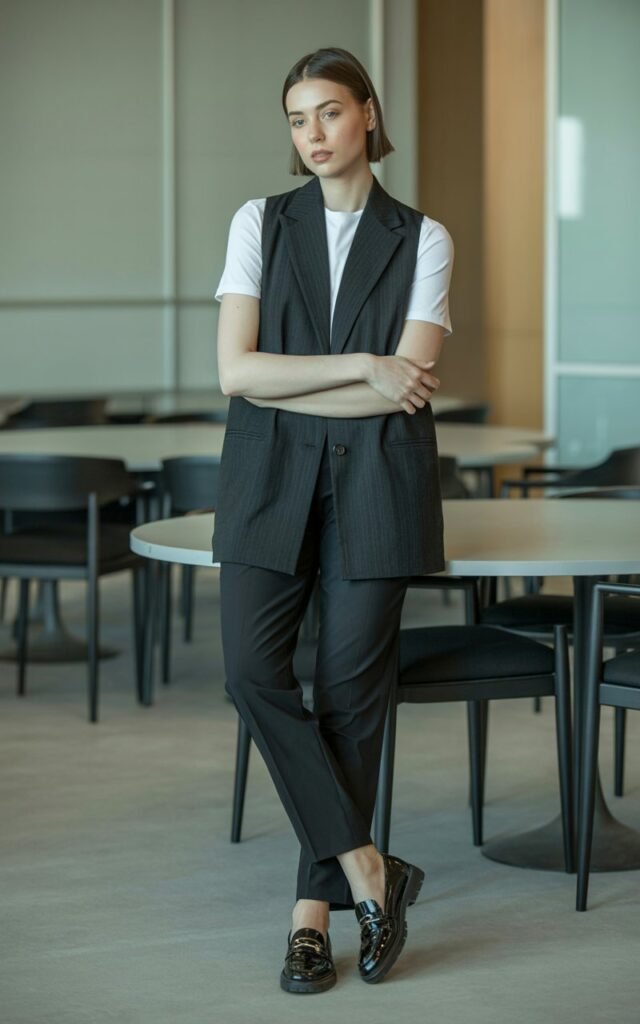 Full-body image of a white-skinned woman with a sleek bob hairstyle, wearing a charcoal tailored vest over a crisp white tee, slim black trousers, and loafers. Shot inside a minimalist office lounge with soft indoor window light. She stands leaning slightly against a table, arms crossed, expression calm and composed. Realistic skin texture and soft matte makeup.