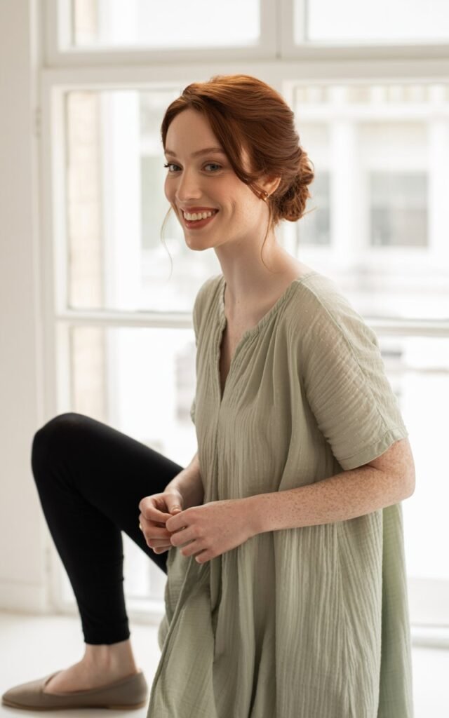 Full-body image of a white-skinned woman with auburn hair in a half-up hairstyle, standing near a bright studio window. She wears a long, flowy tunic in muted tones with black leggings and slip-on flats. Natural window light softens the scene as she smiles warmly, hands gently clasped.