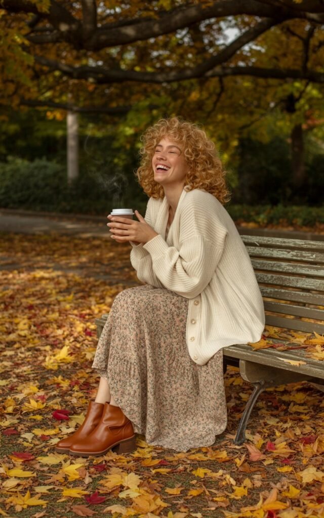 Full-body image of a white-skinned woman with curly blonde hair, sitting on a park bench surrounded by autumn leaves. She wears a chunky knit cardigan over a flowy printed maxi skirt and ankle boots. Natural daylight filters through trees as she laughs softly, holding a coffee cup.