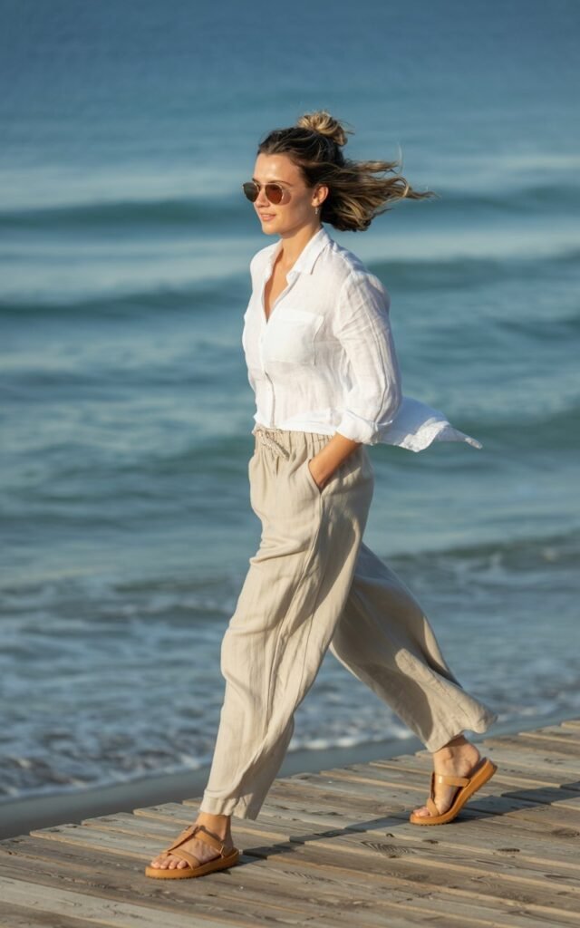 Full-body image of a white-skinned woman with dark blonde hair in a loose bun, walking along a beach boardwalk in natural daylight. She wears a crisp white linen button-up shirt half-tucked into beige linen pants, with flat sandals and sunglasses. Her hair moves gently in the ocean breeze.