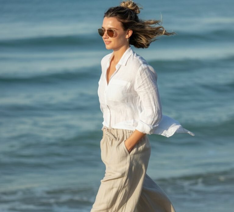 Full-body image of a white-skinned woman with dark blonde hair in a loose bun, walking along a beach boardwalk in natural daylight. She wears a crisp white linen button-up shirt half-tucked into beige linen pants, with flat sandals and sunglasses. Her hair moves gently in the ocean breeze.