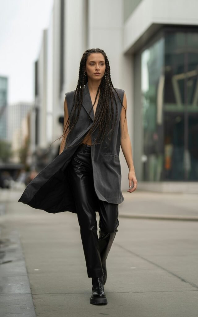 Full-body image of a white-skinned woman with long dark braids, wearing a charcoal oversized vest, slim black pants, and chunky black boots. Urban street with modern architecture during cloudy natural light. She walks confidently with coat movement. Slightly serious, high-fashion expression.
