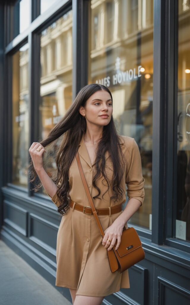 Full-body image of a white-skinned woman with long straight dark hair, standing near a boutique window in soft morning light. She wears a tan belted shirt dress with short sleeves, ankle boots, and a small shoulder bag. Her posture is upright yet relaxed, her expression calm and poised.