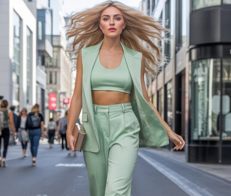 Full-body image of a white-skinned woman with silky long blonde hair, wearing a mint co-ord set with a matching vest, crop top, and trousers, plus neutral heels. Shot in a trendy city shopping district under bright daylight. She walks confidently with one hand holding a small clutch. Fresh, stylish vibe.