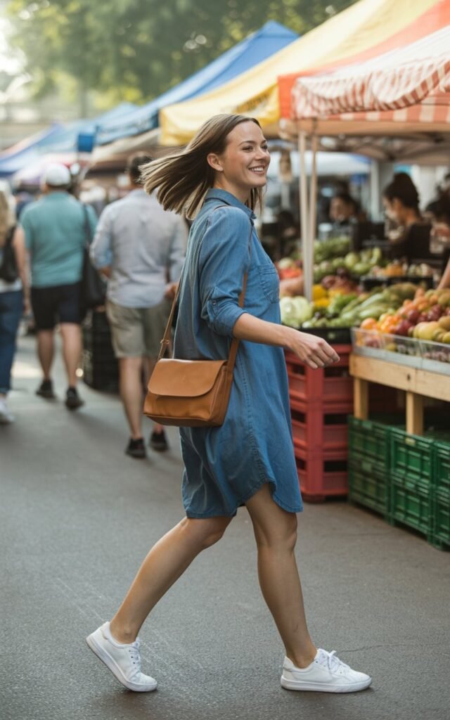 Full-body image of a white-skinned woman with sleek dark blonde hair, walking through a weekend farmer’s market. She wears a denim shirt dress with rolled sleeves, white sneakers, and a tan crossbody bag. Natural daylight illuminates her face as she looks over her shoulder, smiling mid-step.