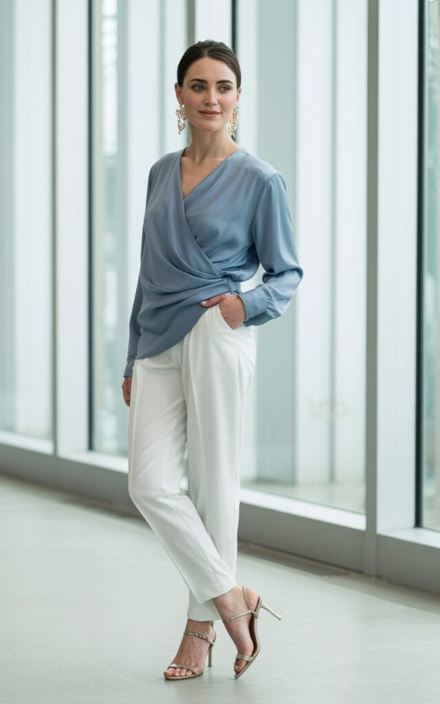 Full-body image of a woman in a soft blue wrap top paired with white slim trousers. She’s photographed against a minimalist office background with natural daylight. She wears strappy heels and delicate earrings. Her pose is relaxed, one hand tucked in pocket, a subtle confident smile.