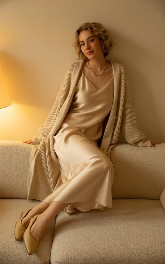 Full-body image on a cozy indoor sofa setting. She wears a silky champagne slip dress, chunky cream cardigan, delicate necklace, and soft flats. Hair is wavy and relaxed. Warm ambient indoor lighting. She sits on the arm of the sofa then stands for the shot, giving a gentle, serene expression.