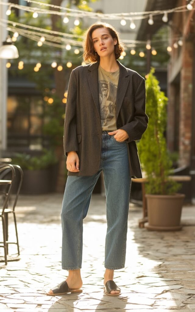 Full-body image taken in a trendy café courtyard. Model wears a relaxed-fit blazer, graphic tee, straight jeans, and slip-on mules. Natural daylight filtered through string lights. Confident pose with one hand in pocket. Cloth textures and natural skin details included.