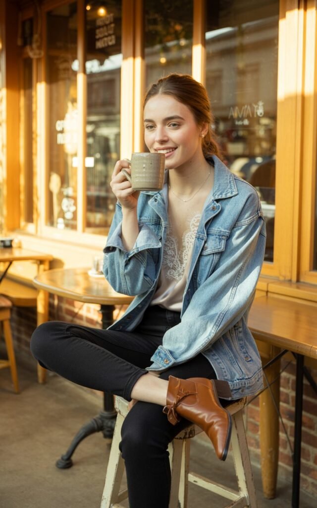 Full-body indoor café setting. Model sits on a stool wearing a light denim jacket over a white lace camisole, black jeans, and ankle boots. Warm golden-hour light streaming through window. Pose natural, smiling softly while sipping coffee. Calm and effortlessly stylish.