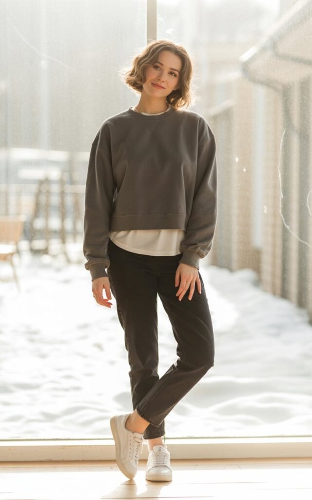 Full-body indoor scene near a large window with soft winter light. She wears a fitted thermal top layered under a thick grey crewneck sweatshirt, black jeans, and sneakers. Hair is loose and tousled. She stands casually with one foot slightly forward, looking relaxed.