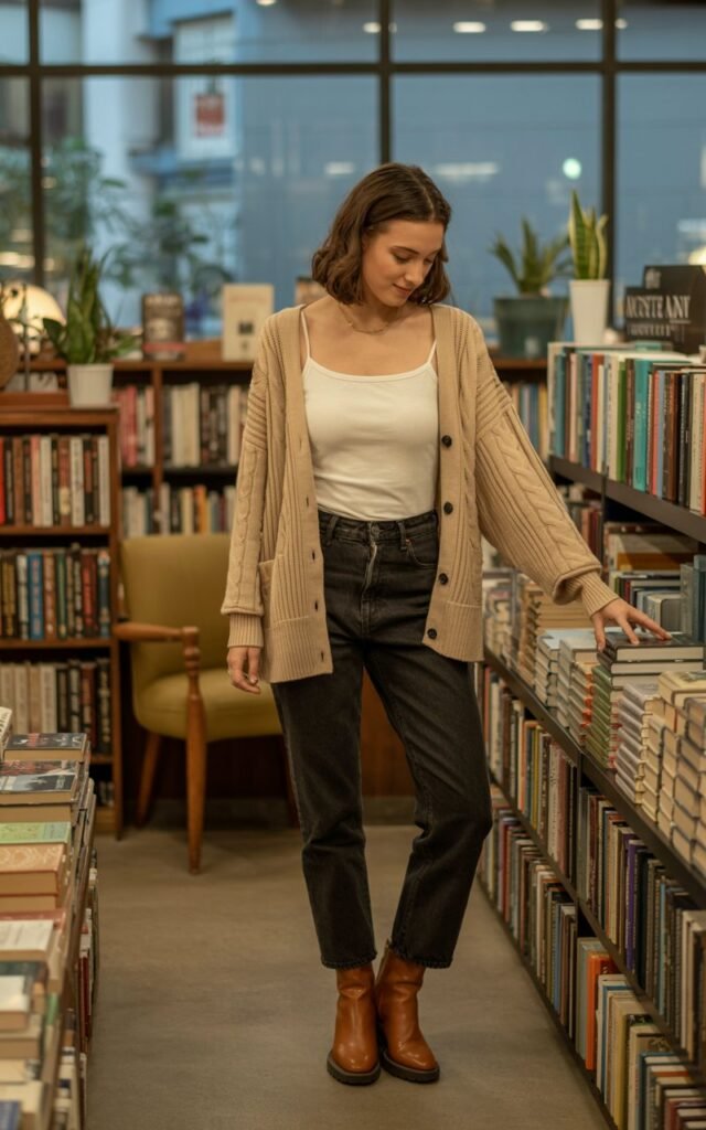 Full-body indoor shot in a warm-toned bookstore. Model wears a chunky cardigan, simple camisole, straight jeans, and ankle boots. Soft indoor ambient lighting. Candid pose browsing a shelf. Realistic cardigan texture and soft natural appearance.