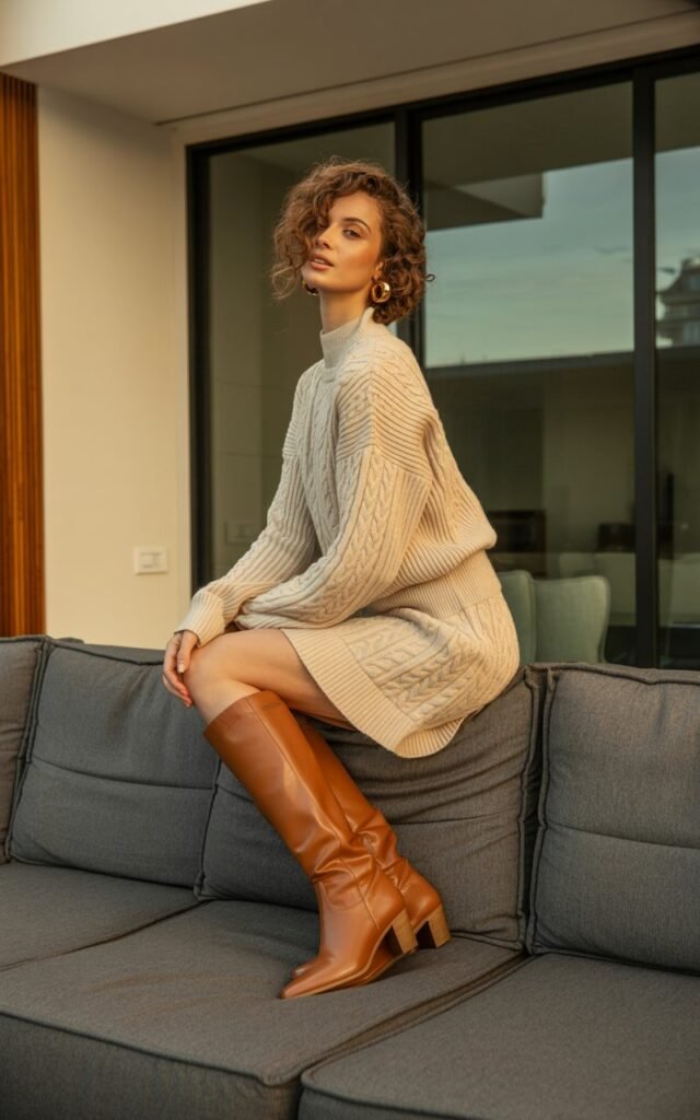 Full-body indoors at a chic modern apartment. Model wears a matching knit skirt and sweater set, knee-high boots, and gold hoops. Soft indoor warm-toned lighting. She sits on the arm of a sofa, elegant but relaxed. Knit texture and natural hair flow captured realistically.