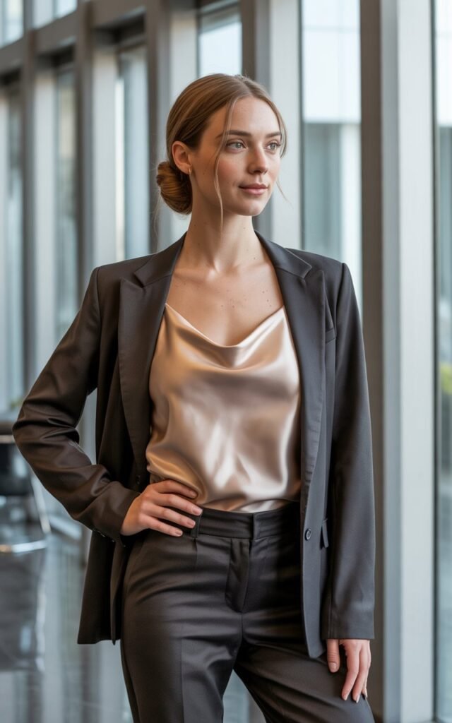 Full-body of a fair-skinned model with a symmetrical face and light brunette hair in a low bun, wearing a champagne satin camisole, charcoal tailored blazer, slim trousers, and black pumps. Indoor office lobby setting with natural window light, reflecting softly on satin. Standing confidently, one hand on hip, subtle smile. Realistic textures in fabrics, slight imperfections in skin, natural editorial lighting.