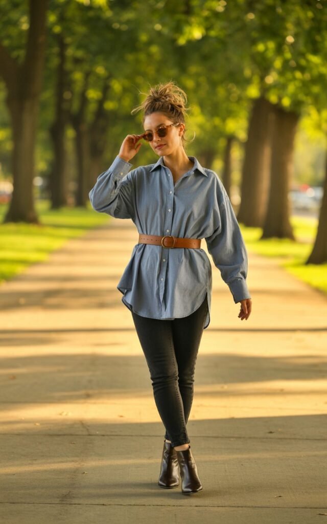 Full-body of a white-skinned female model with messy bun, standing in a park walkway. She wears an oversized blue button-down cinched with a leather belt over black skinny jeans and ankle boots. Late afternoon golden light filters through trees. She’s leaning slightly, adjusting her sunglasses with a relaxed smile.