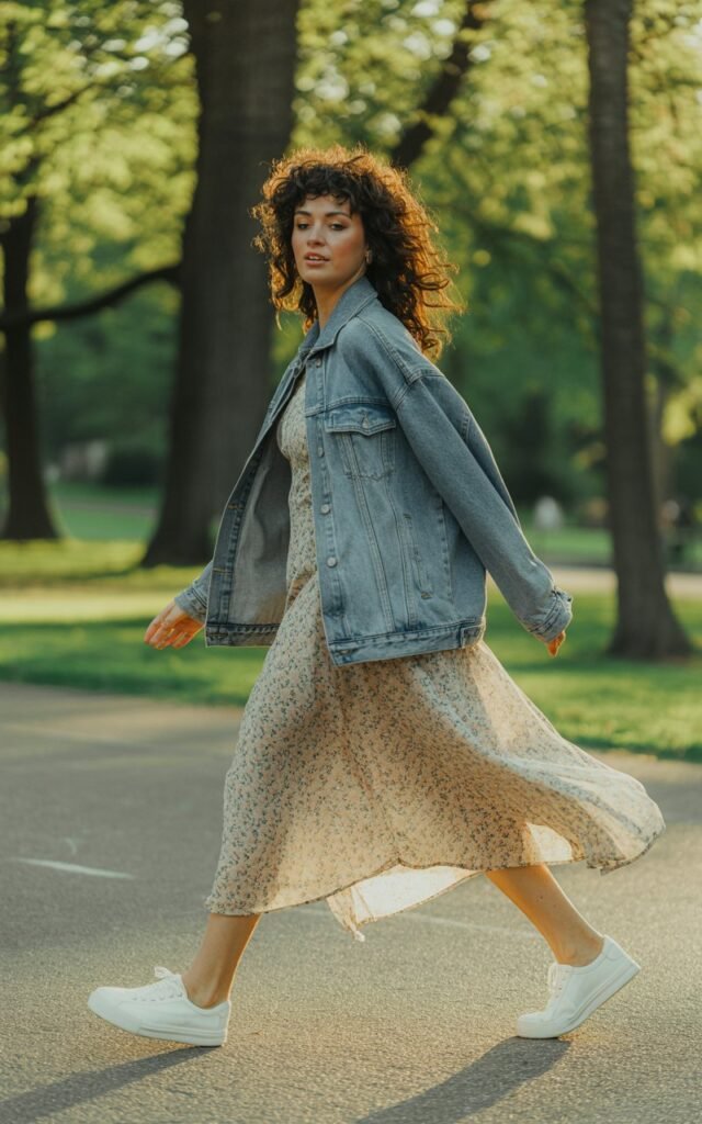 Full-body of a white-skinned model with curly dark hair, wearing a mid-length floral dress layered with a light blue denim jacket and white sneakers. Outdoor park background, soft morning light. Walking, mid-step, hair bouncing naturally. Editorial realism, textures of denim and dress fabric highlighted, natural makeup.