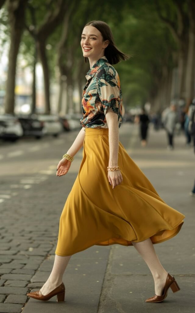 Full-body of a white-skinned model with sharp features and straight dark hair, wearing a colorful printed shirt tucked into a flowing mustard midi skirt, brown block heels, and gold bracelets. She walks through a tree-lined pedestrian street, morning daylight soft and diffused. Smiling, mid-step, looking away candidly. Editorial realism skin texture, slight freckles, natural hair, soft shadowing on skirt folds.