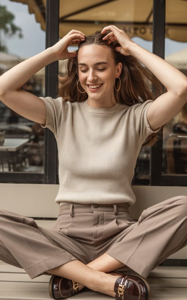 Full-body of a white-skinned model with soft brown hair, wearing a beige ribbed knit top tucked into high-waisted taupe pleated trousers, loafers, and simple hoop earrings. Sitting on a café terrace, soft indoor daylight. Cross-legged on bench, playful grin, hands adjusting hair. Skin texture natural, slight imperfections, realistic folds of knit and pleats. Warm, editorial fashion photography.