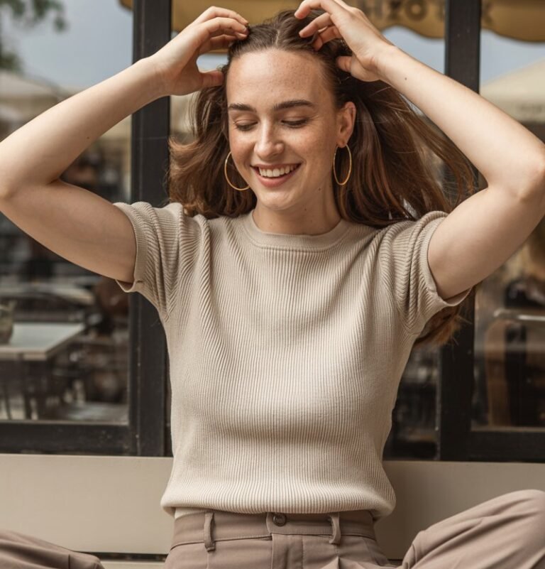Full-body of a white-skinned model with soft brown hair, wearing a beige ribbed knit top tucked into high-waisted taupe pleated trousers, loafers, and simple hoop earrings. Sitting on a café terrace, soft indoor daylight. Cross-legged on bench, playful grin, hands adjusting hair. Skin texture natural, slight imperfections, realistic folds of knit and pleats. Warm, editorial fashion photography.