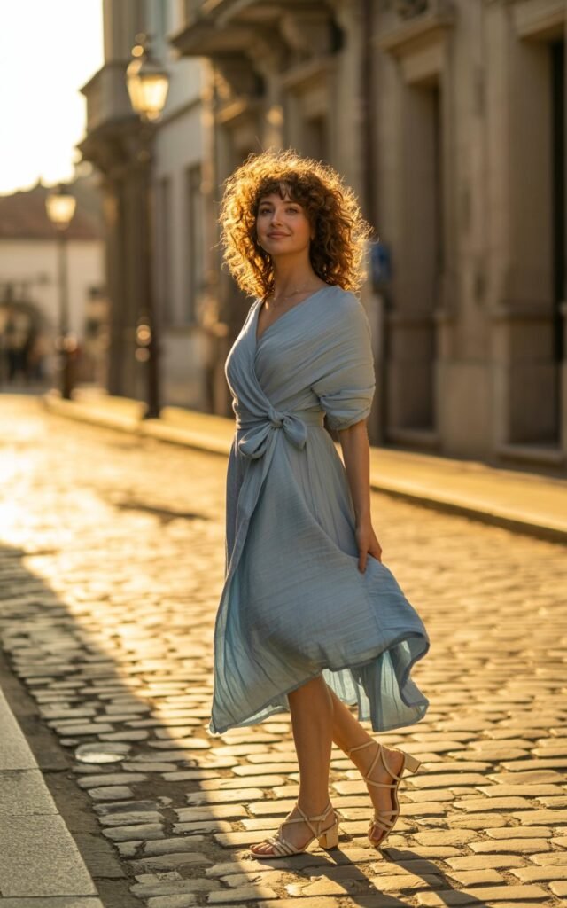 Full-body outdoor image of a white-skinned woman with curly light brown hair, standing on a cobblestone street at golden hour. She wears a soft cotton wrap dress in pastel blue, tied at the waist, with strappy sandals. The sunlight highlights her curves and the natural drape of the fabric as she looks off-camera, smiling.