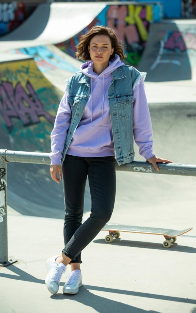 Full-body outdoor scene at a skate park. Women Model wears a pastel hoodie under a distressed denim vest, black jeans, and sneakers. Natural daylight, dynamic composition with skateboard in the background. Pose leaning against rail, calm but edgy expression. Authentic streetwear look.