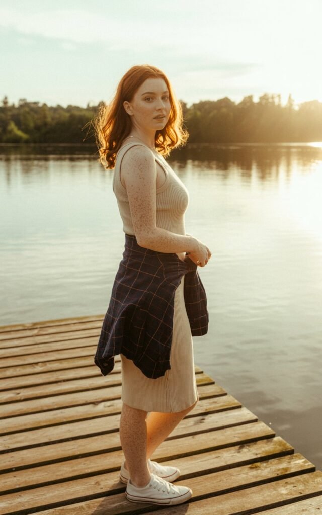 Full-body outdoor shot at a lakeside wooden dock. Model wears a ribbed tank dress, flannel shirt tied at the waist, canvas sneakers, and messy waves. Golden-hour lighting with warm tones. She stands looking over her shoulder. Natural freckles and light wind in hair.
