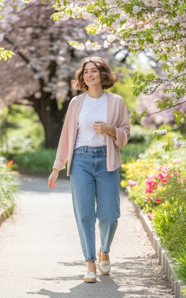 Full-body outdoor shot in a blossoming garden with bright daylight. She wears a pastel cardigan, white tee, mom jeans, and slip-on flats. Hair is slightly wavy, framing her face. She walks lightly through the path with a gentle smile.