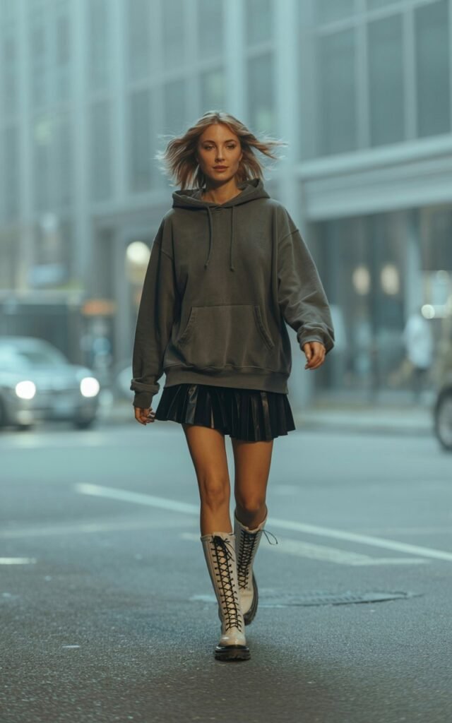 Full-body outdoor shot on a foggy street. Model wears an oversized hoodie with a black pleated skirt and tall combat boots. Cool, muted morning lighting. Pose dynamic — mid-walk with one foot lifted slightly. Hair tousled, candid expression, perfectly imperfect styling.