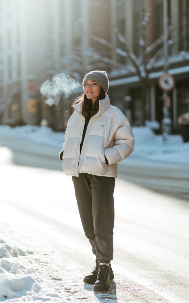 Full-body outdoor winter street scene with natural daylight. She wears a white puffer jacket, grey joggers, chunky boots, and a beanie. Her breath is subtly visible in the cold air. She stands relaxed, hands in pockets, expression soft and natural.
