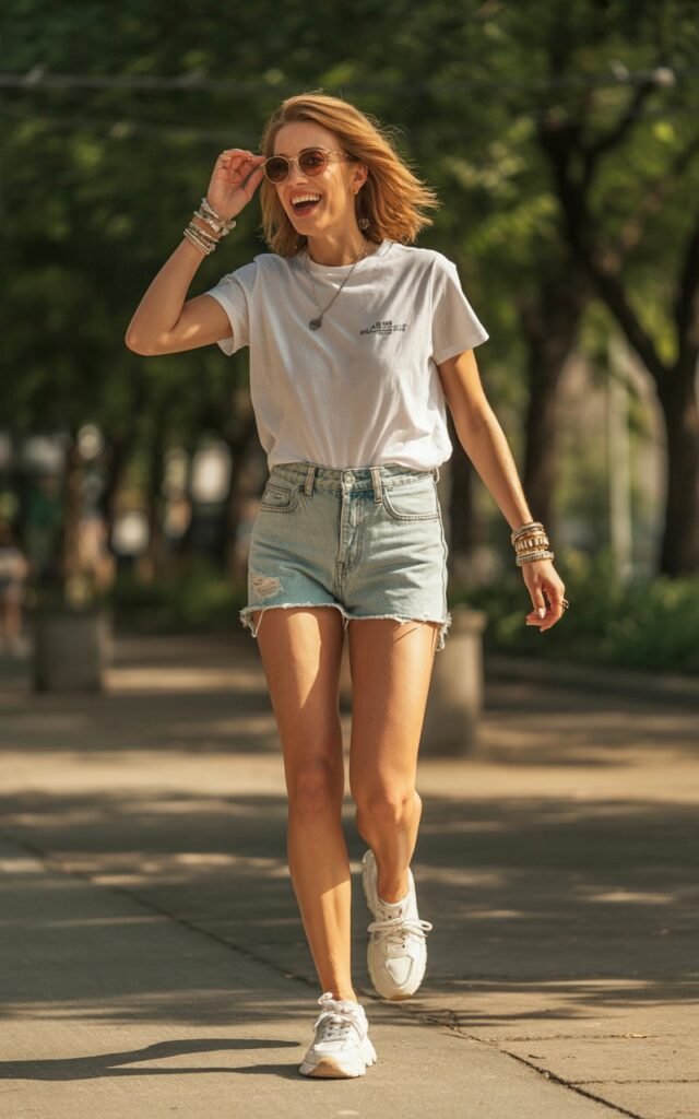 Full-body perspective of a white-skinned model with shoulder-length hair, wearing a white graphic tee tucked into light distressed denim shorts, chunky sneakers, layered bracelets, and sunglasses. Setting sunlit urban park walkway. Pose walking confidently, mid-laugh, hands adjusting sunglasses. Skin realism emphasized, natural makeup, slight freckles, soft shadows.