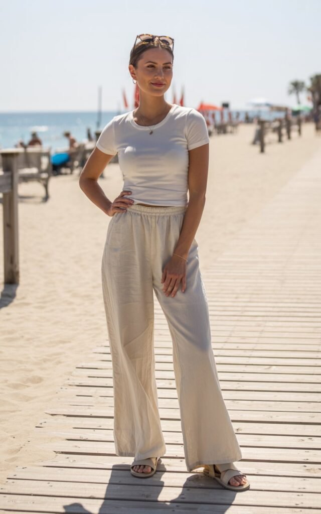 Full-body photo in a bright beachside boardwalk. Model wears a fitted baby tee, wide-leg linen pants, sandals, and sunglasses on her head. Bright natural daylight. Casual stance with gentle smile. Realistic linen texture and natural skin details.