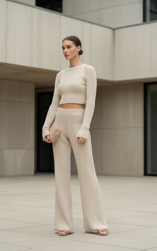 Full-body photo in a clean architectural outdoor location. Model wears a monochrome cream knit matching set—crop top and high-waisted knit pants—with matching sandals and a simple clutch. Hair is in a low sleek bun. Natural daylight. She stands with one hip slightly angled, looking stylish and composed.