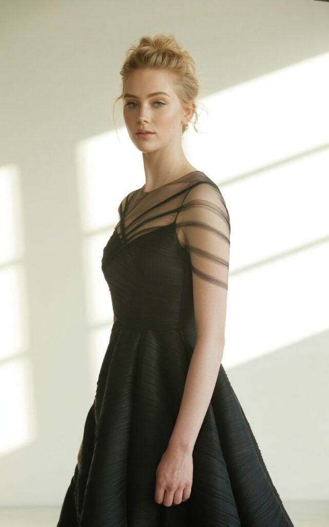 Full-body photo of a fair-skinned model in a black gown featuring illusion mesh panels placed strategically, paired with simple heels. Set inside a softly lit studio with window light. Her hair is styled in a messy bun for contrast. She stands in a poised, elegant posture with a soft expression. Mesh textures and natural skin realism emphasized.