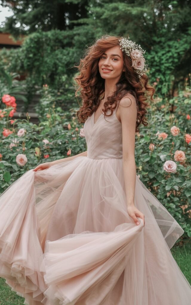 Full-body photo of a fair-skinned model in a blush pink tulle ball gown with layered skirts and a delicate sweetheart bodice. She stands in a dreamy garden setting surrounded by blooming roses during soft daylight. Her brunette hair is styled in loose curls with a floral hairpiece. She holds the skirt slightly as if twirling, wearing a gentle smile. Soft natural lighting captures the airy texture of the tulle and her natural skin details.