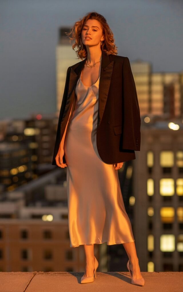Full-body photo of a model in a satin beige slip dress layered under a fitted black blazer. Taken on a city rooftop at dusk with warm ambient lighting. She wears nude heels and subtle gold jewelry. Her hair is loosely curled, expression effortlessly confident, with the skyline in the background.
