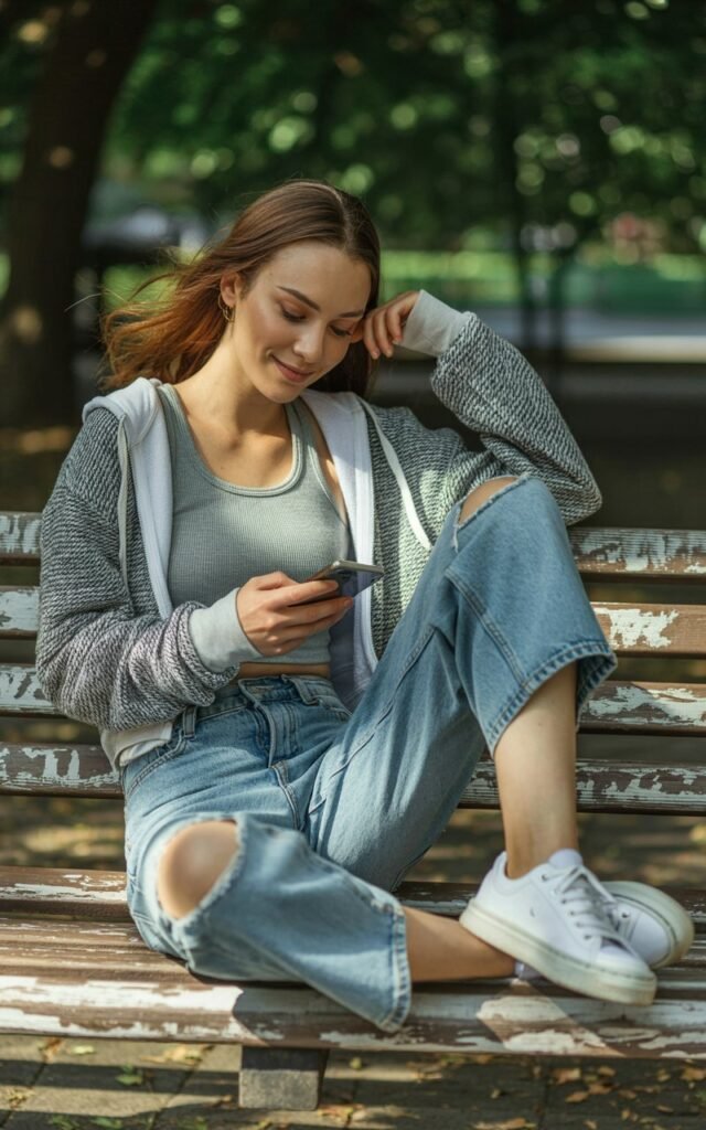 Full-body photo of a model lounging on a park bench, wearing a cropped gray hoodie over two layered tanks, distressed jeans, and sneakers. Natural daylight with tree shadows. Expression relaxed, half-smile as she scrolls her phone. Realistic textures in hoodie fabric and soft wind in her hair.