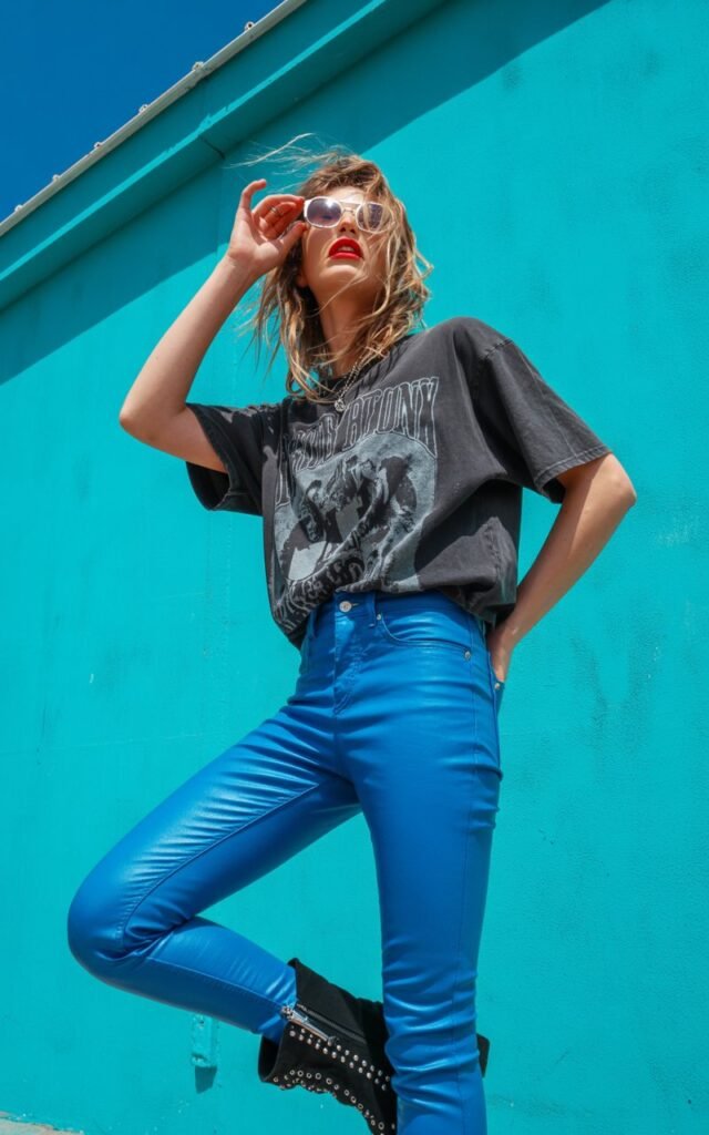 Full-body photo of a model standing against a bright turquoise wall, wearing electric blue skinny jeans, a vintage black band tee, and studded boots. Natural daylight with high contrast. Playful stance, one leg bent, holding sunglasses. Hair messy, bold lip color, energetic and bold.