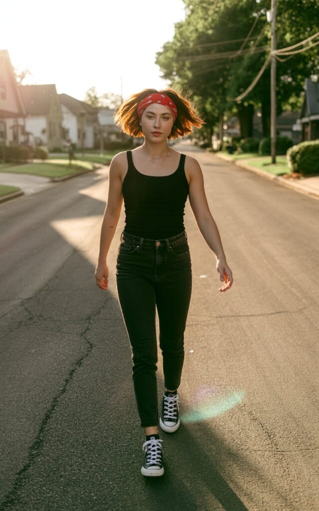 Full-body photo of a model walking on a suburban street. She wears a black tank top, skinny jeans, Converse, and a red bandana headband. Golden afternoon light. Hair choppy with teased texture. Expression carefree, hands swinging at her sides, subtle lens flare behind her.