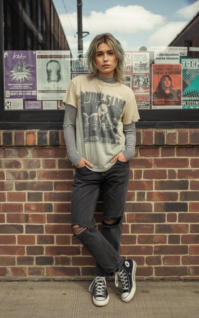 Full-body photo of a white-skinned female model with sharp features and long layered hair, wearing a vintage band tee over black-and-white striped long sleeves, ripped black jeans, and Converse sneakers. She stands casually outside a brick-walled music venue with posters in the background. Natural daylight, slightly overcast for mood. Confident smirk, hands in pockets. Authentic urban MySpace vibe.