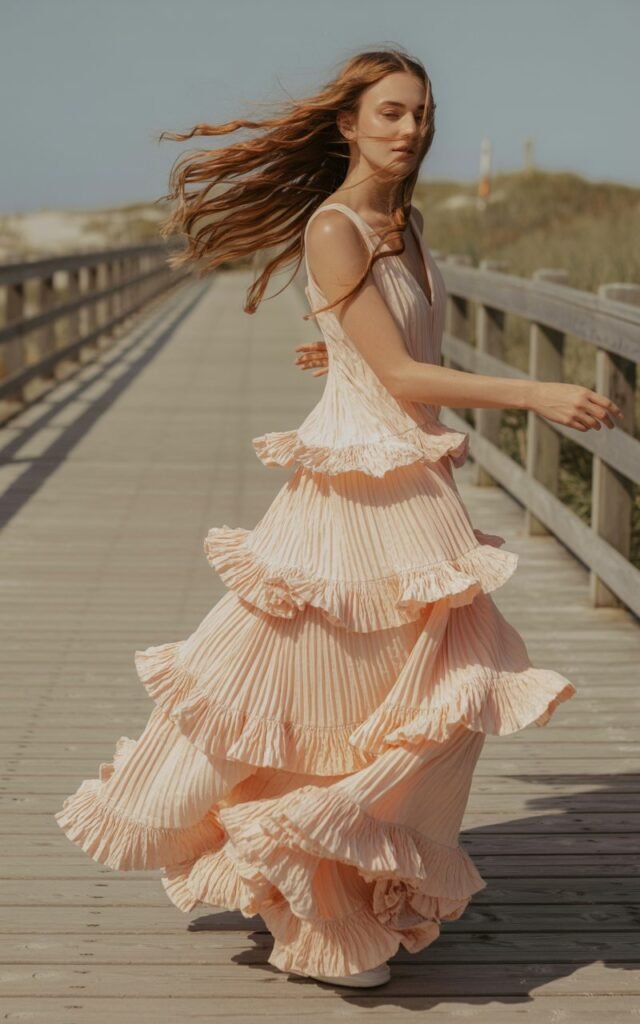 Full-body photo of a white-skinned model wearing a tiered ruffled gown in pastel peach. Shot on a breezy coastal boardwalk with natural daylight. Her hair blows softly in the wind. She twirls slightly, sending the ruffles moving. Realistic motion, texture, and skin details maintained.