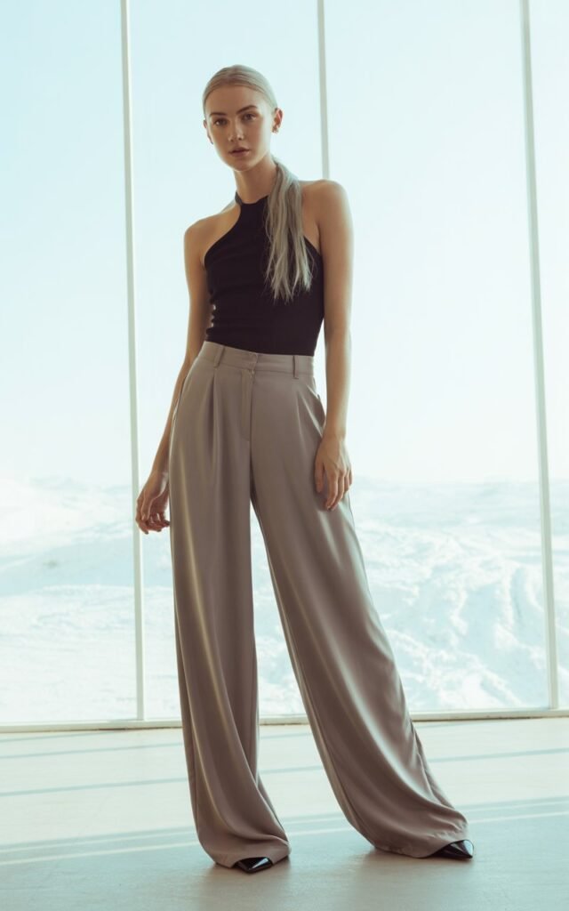 Full-body photo of a white-skinned model with sleek straight hair, wearing high-waisted wide-leg trousers and a black halter top. Bright airy studio with large windows and natural daylight. She stands in a tall elongated pose, expression composed. Flowy pant movement and skin realism emphasized.